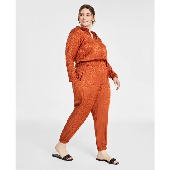 On 34Th Plus Size Animal-Print Jacquard Orange Jumpsuit NWT - Picture 1 of 6
